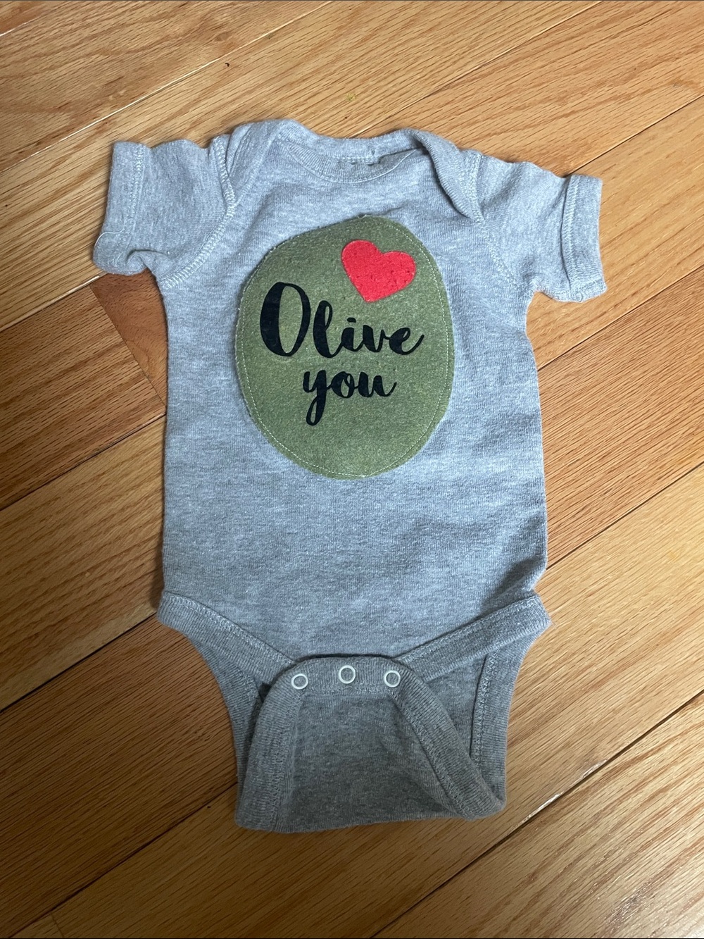 Gray Baby One-Piece Bodysuit with Olive Graphic and Red Heart